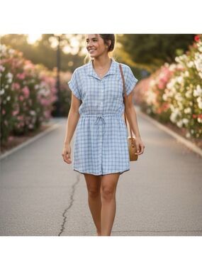 JAPNA 100% Cotton Plaid Short Sleeve Shirt Dress Button Front Hi-Lo Hem Sz XL